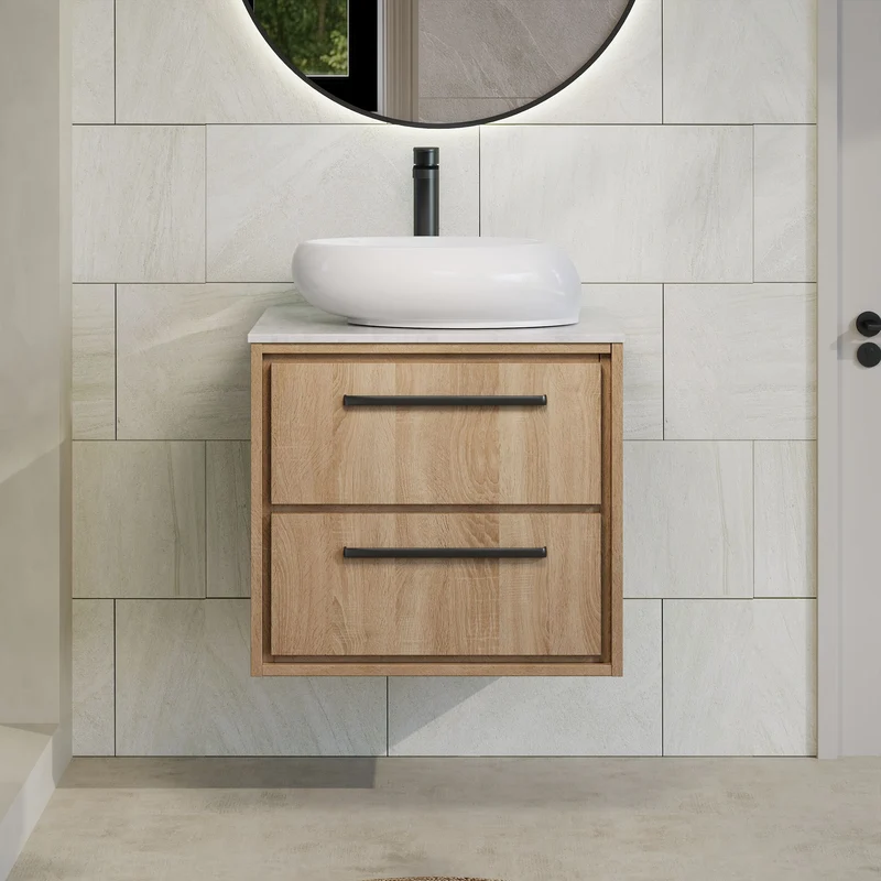 Lille 600mm Wall Hung 2 Drawer Vanity Unit & White Marble Worktop - Bleached Oak Woodgrain
