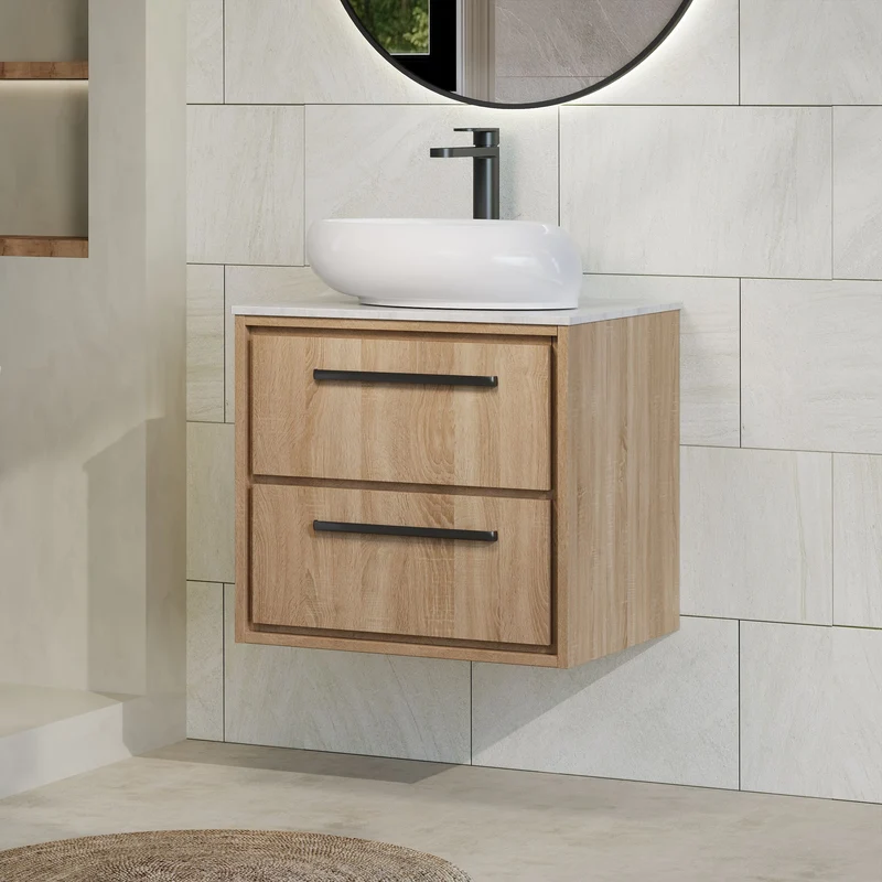 Lille 600mm Wall Hung 2 Drawer Vanity Unit & White Marble Worktop - Bleached Oak Woodgrain