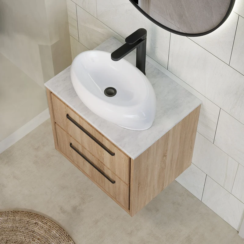 Lille 600mm Wall Hung 2 Drawer Vanity Unit & White Marble Worktop - Bleached Oak Woodgrain