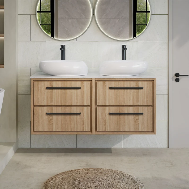 Lille 1200mm Wall Hung 4 Drawer Vanity Unit & White Marble Worktop - Bleached Oak Woodgrain