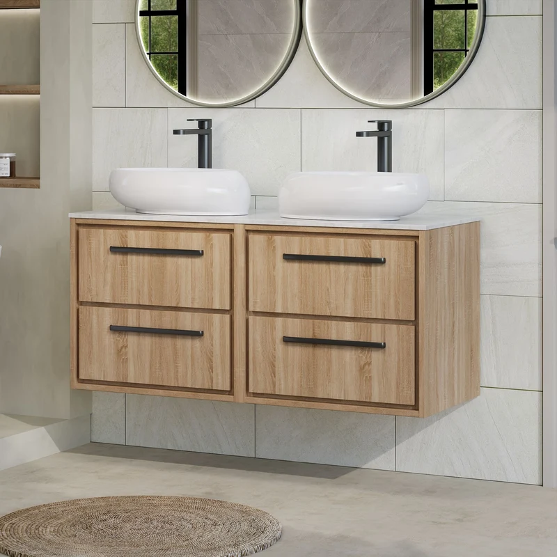 Lille 1200mm Wall Hung 4 Drawer Vanity Unit & White Marble Worktop - Bleached Oak Woodgrain