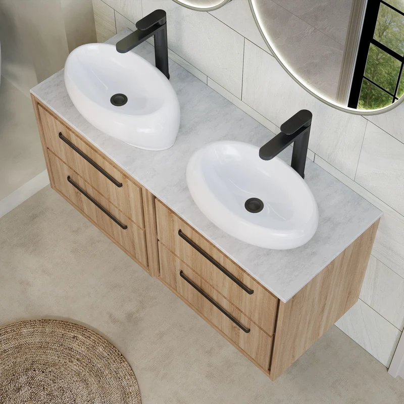 Lille 1200mm Wall Hung 4 Drawer Vanity Unit & White Marble Worktop - Bleached Oak Woodgrain