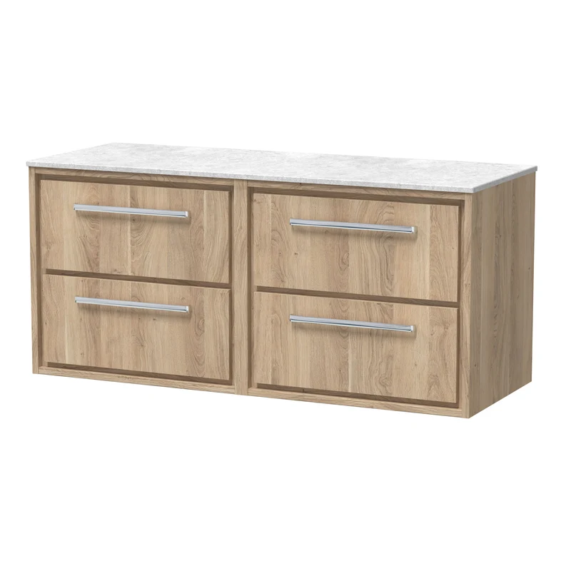Lille 1200mm Wall Hung 4 Drawer Vanity Unit & White Marble Worktop - Bleached Oak Woodgrain