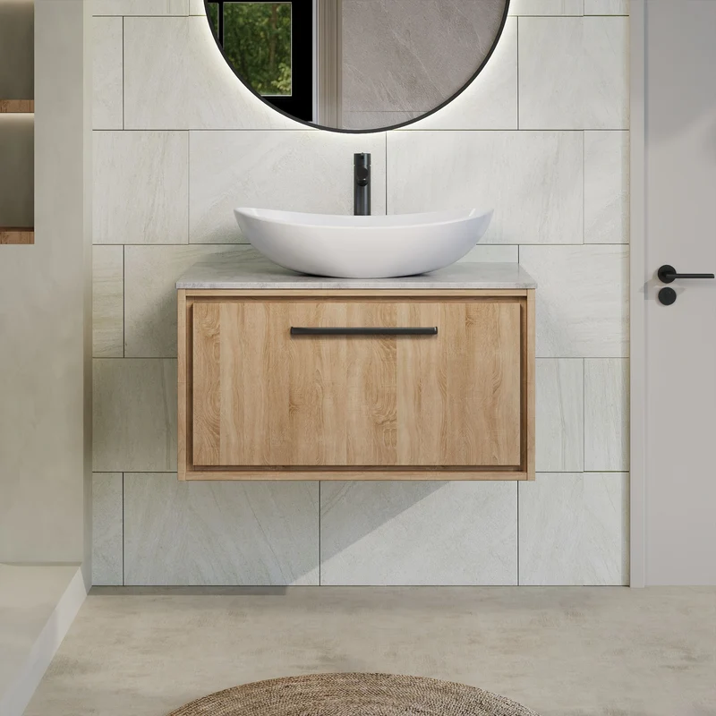 Lille 800mm Wall Hung 1 Drawer Vanity Unit & Grey Marble Worktop - Bleached Oak Woodgrain