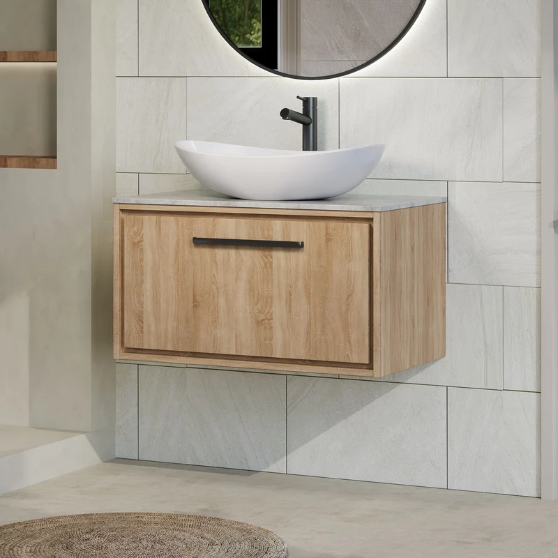 Lille 800mm Wall Hung 1 Drawer Vanity Unit & Grey Marble Worktop - Bleached Oak Woodgrain