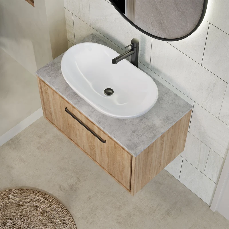 Lille 800mm Wall Hung 1 Drawer Vanity Unit & Grey Marble Worktop - Bleached Oak Woodgrain