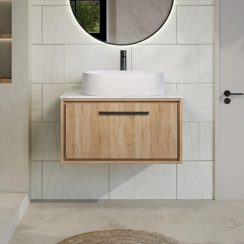 Lille 800mm Wall Hung 1 Drawer Vanity Unit & Carrera Marble Worktop - Bleached Oak Woodgrain