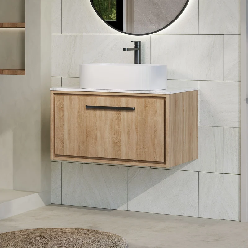 Lille 800mm Wall Hung 1 Drawer Vanity Unit & Carrera Marble Worktop - Bleached Oak Woodgrain