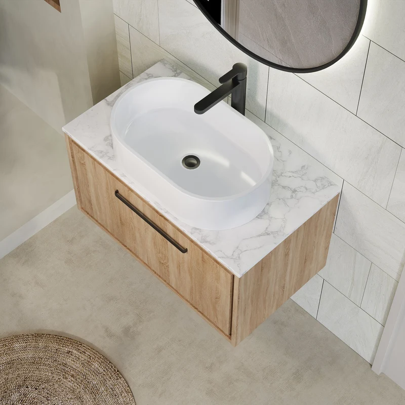 Lille 800mm Wall Hung 1 Drawer Vanity Unit & Carrera Marble Worktop - Bleached Oak Woodgrain