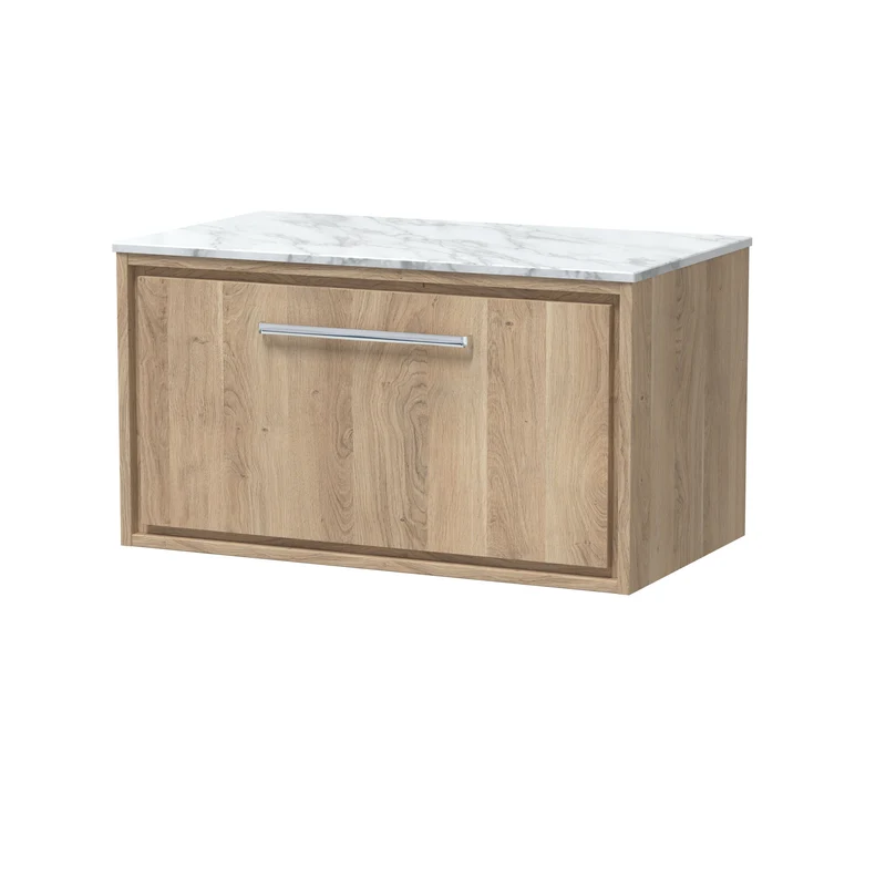 Lille 800mm Wall Hung 1 Drawer Vanity Unit & Carrera Marble Worktop - Bleached Oak Woodgrain