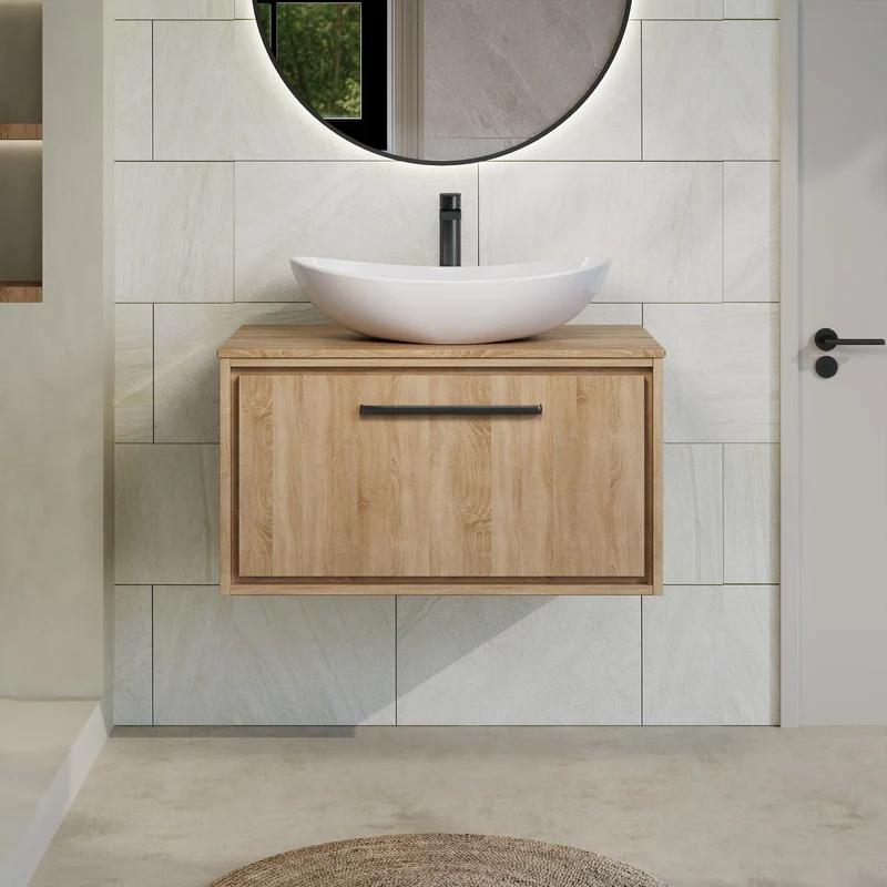 Lille 800mm Wall Hung 1 Drawer Vanity Unit & Worktop - Bleached Oak Woodgrain