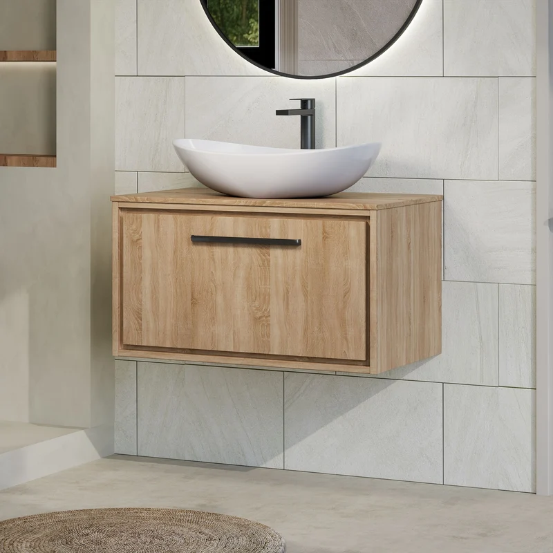 Lille 800mm Wall Hung 1 Drawer Vanity Unit & Worktop - Bleached Oak Woodgrain