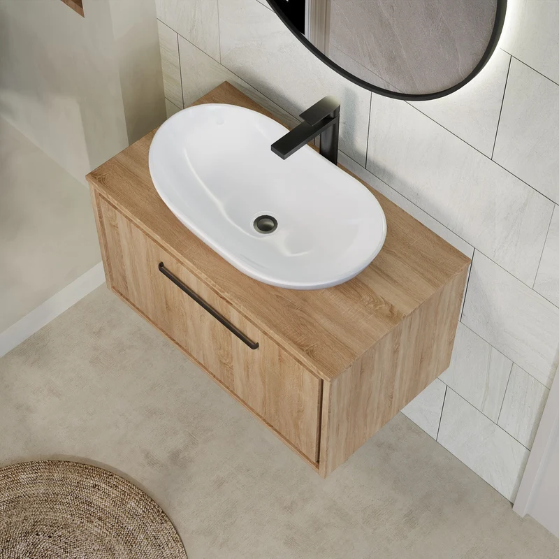 Lille 800mm Wall Hung 1 Drawer Vanity Unit & Worktop - Bleached Oak Woodgrain