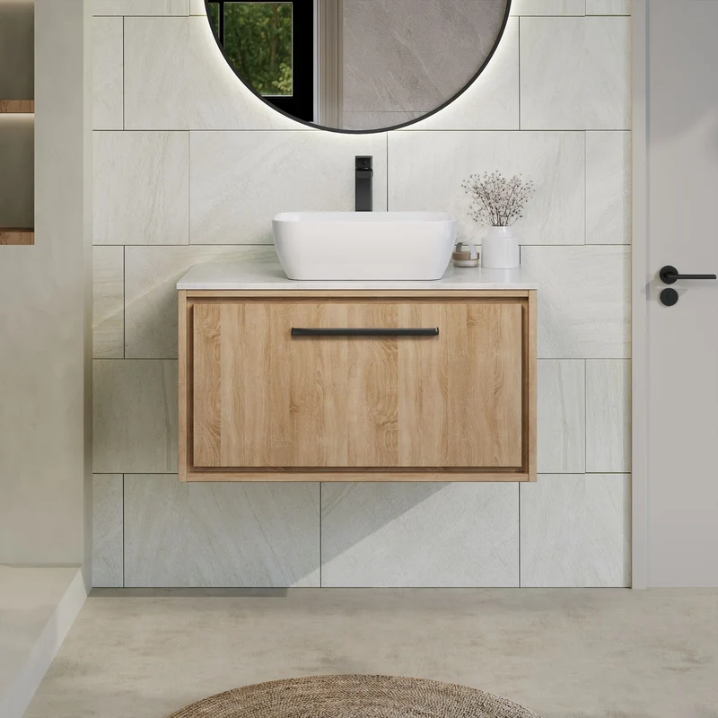 Lille 800mm Wall Hung 1 Drawer Vanity Unit & White Marble Worktop - Bleached Oak Woodgrain