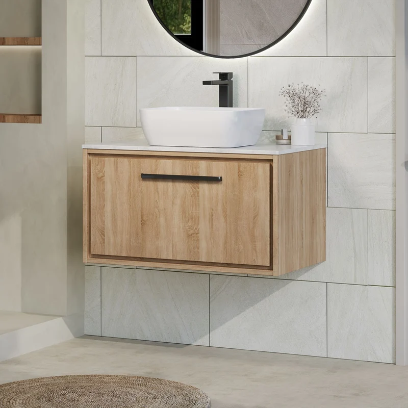 Lille 800mm Wall Hung 1 Drawer Vanity Unit & White Marble Worktop - Bleached Oak Woodgrain