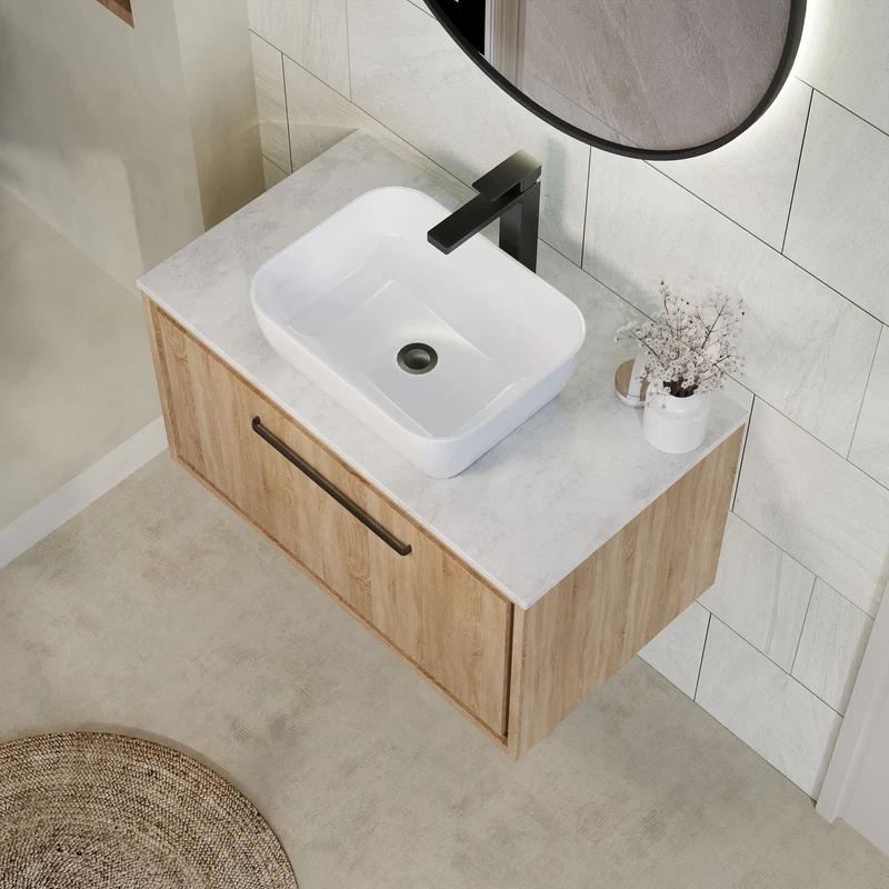 Lille 800mm Wall Hung 1 Drawer Vanity Unit & White Marble Worktop - Bleached Oak Woodgrain