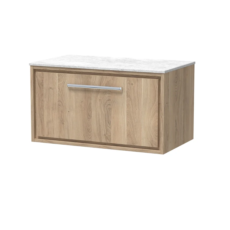 Lille 800mm Wall Hung 1 Drawer Vanity Unit & White Marble Worktop - Bleached Oak Woodgrain