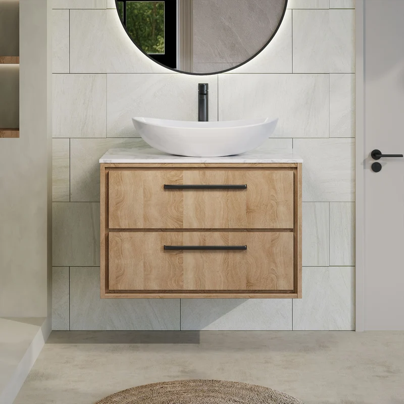 Lille 800mm Wall Hung 2 Drawer Vanity Unit & Carrera Marble Worktop - Bleached Oak Woodgrain
