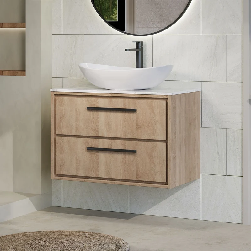 Lille 800mm Wall Hung 2 Drawer Vanity Unit & Carrera Marble Worktop - Bleached Oak Woodgrain