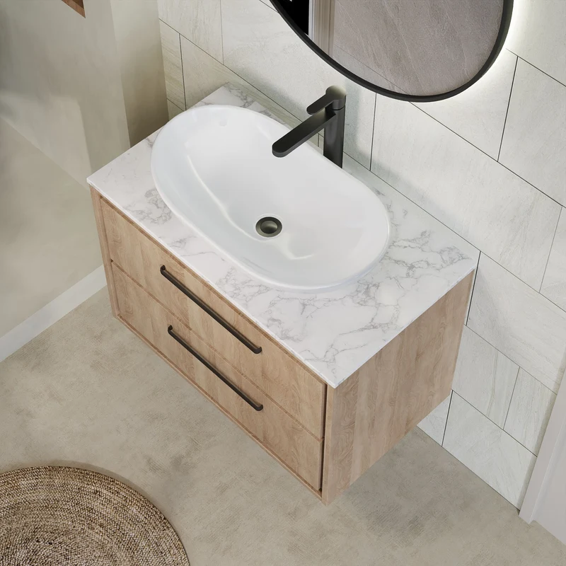 Lille 800mm Wall Hung 2 Drawer Vanity Unit & Carrera Marble Worktop - Bleached Oak Woodgrain