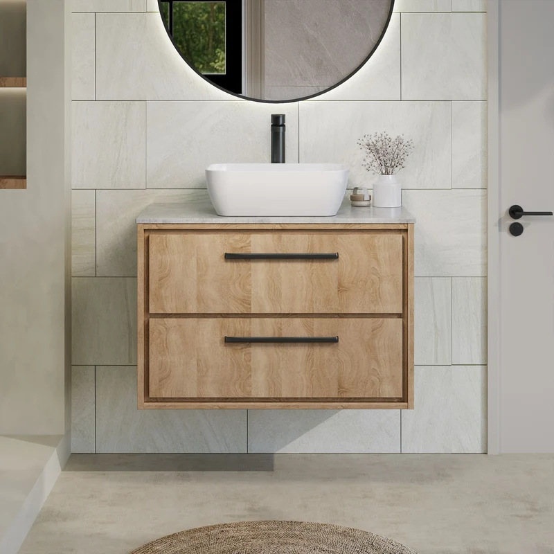 Lille 800mm Wall Hung 2 Drawer Vanity Unit & Grey Marble Worktop - Bleached Oak Woodgrain