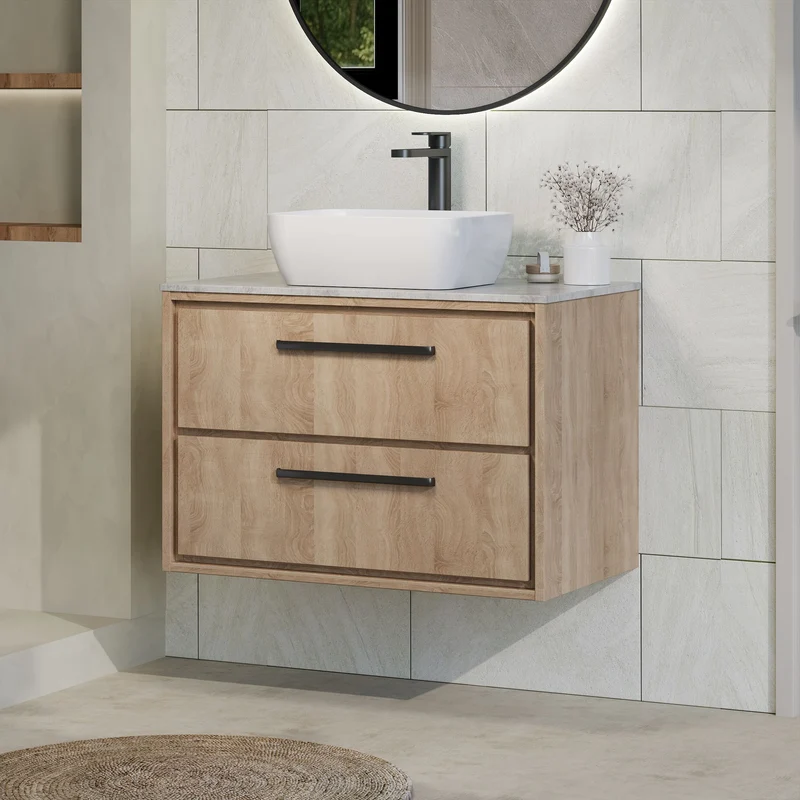 Lille 800mm Wall Hung 2 Drawer Vanity Unit & Grey Marble Worktop - Bleached Oak Woodgrain