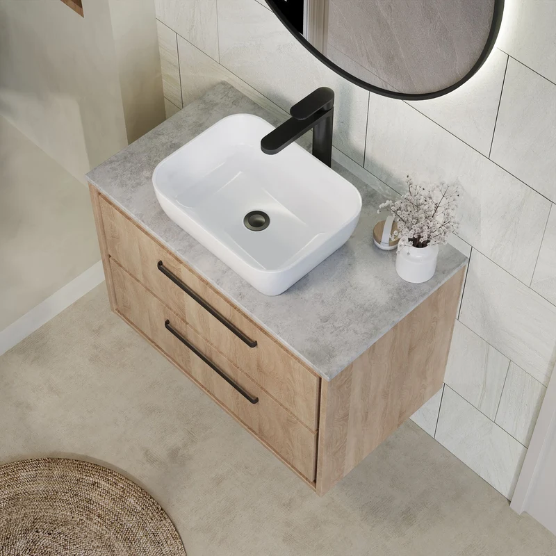 Lille 800mm Wall Hung 2 Drawer Vanity Unit & Grey Marble Worktop - Bleached Oak Woodgrain
