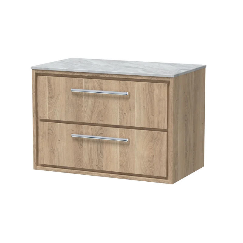 Lille 800mm Wall Hung 2 Drawer Vanity Unit & Grey Marble Worktop - Bleached Oak Woodgrain