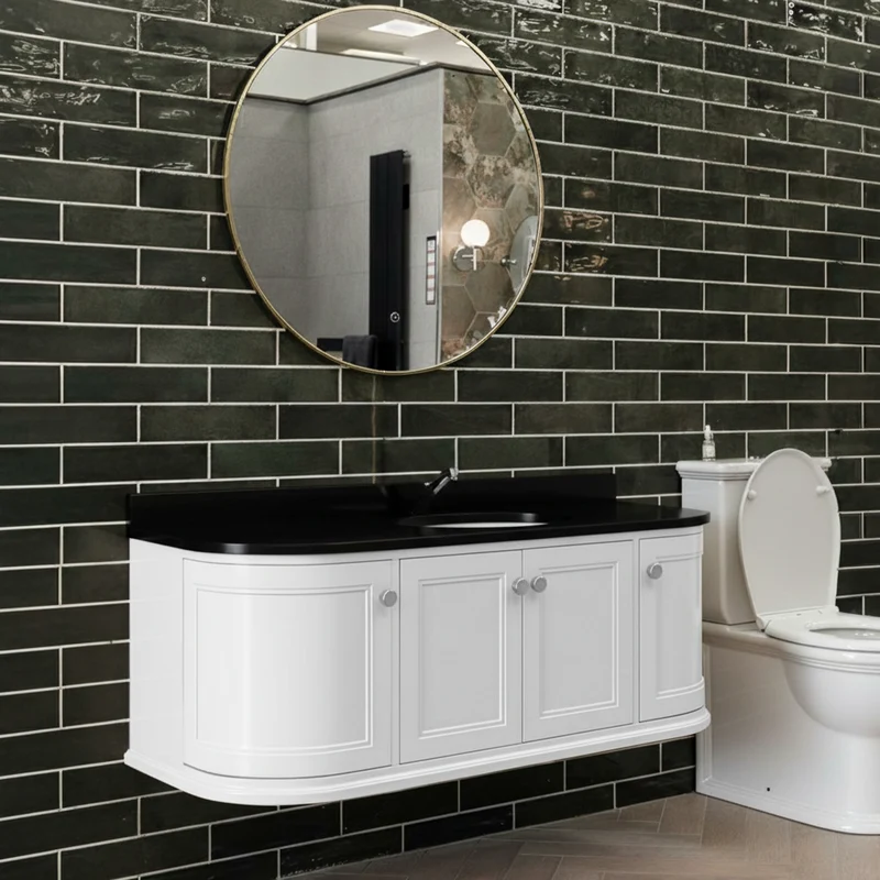 Kingsbury Classic Curved 1200mm Wall Hung Vanity Unit, Black Worktop & Ceramic Basin - White