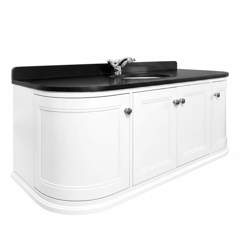 Kingsbury Classic Curved 1200mm Wall Hung Vanity Unit, Black Worktop & Ceramic Basin - White