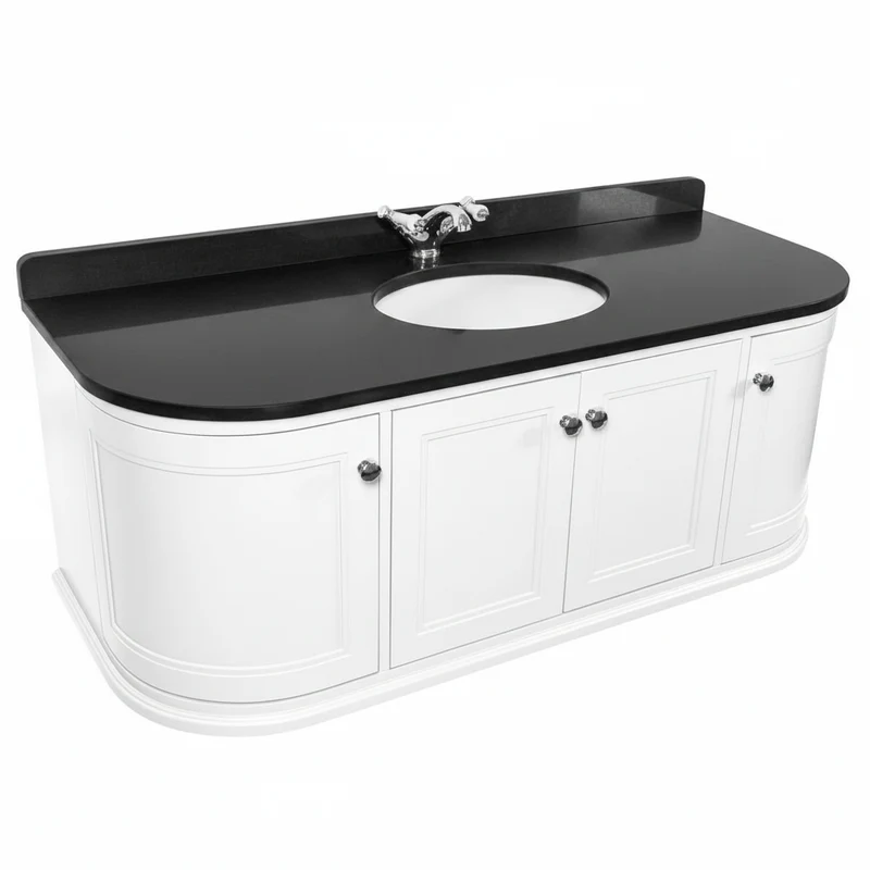 Kingsbury Classic Curved 1200mm Wall Hung Vanity Unit, Black Worktop & Ceramic Basin - White