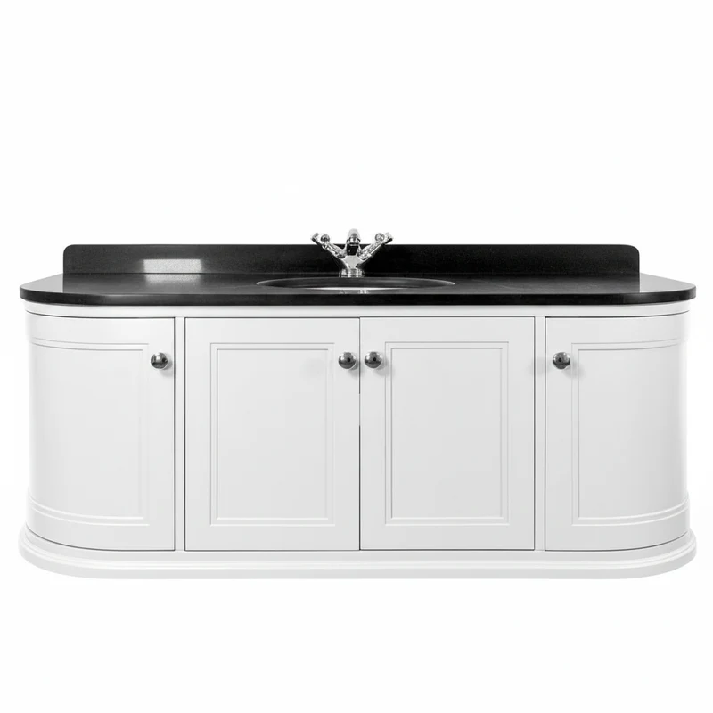Kingsbury Classic Curved 1200mm Wall Hung Vanity Unit, Black Worktop & Ceramic Basin - White