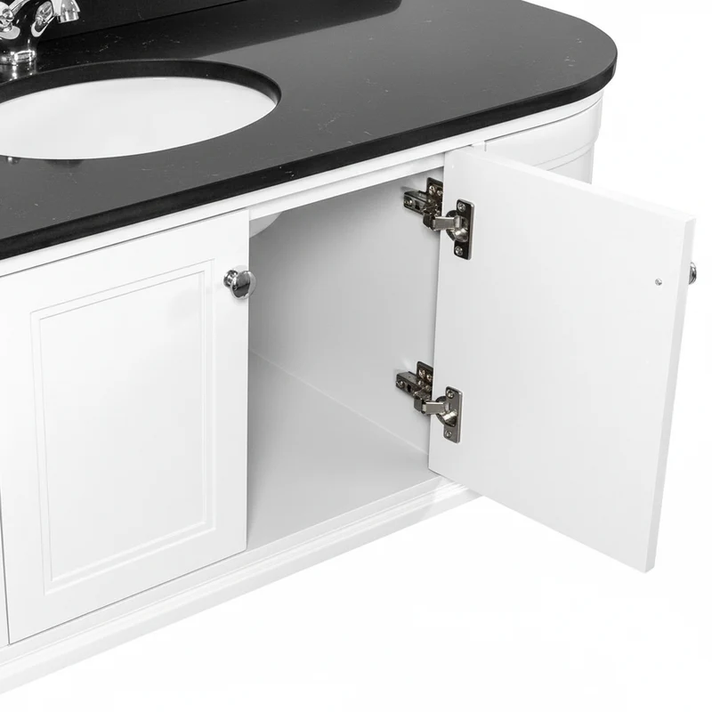 Kingsbury Classic Curved 1200mm Wall Hung Vanity Unit, Black Worktop & Ceramic Basin - White