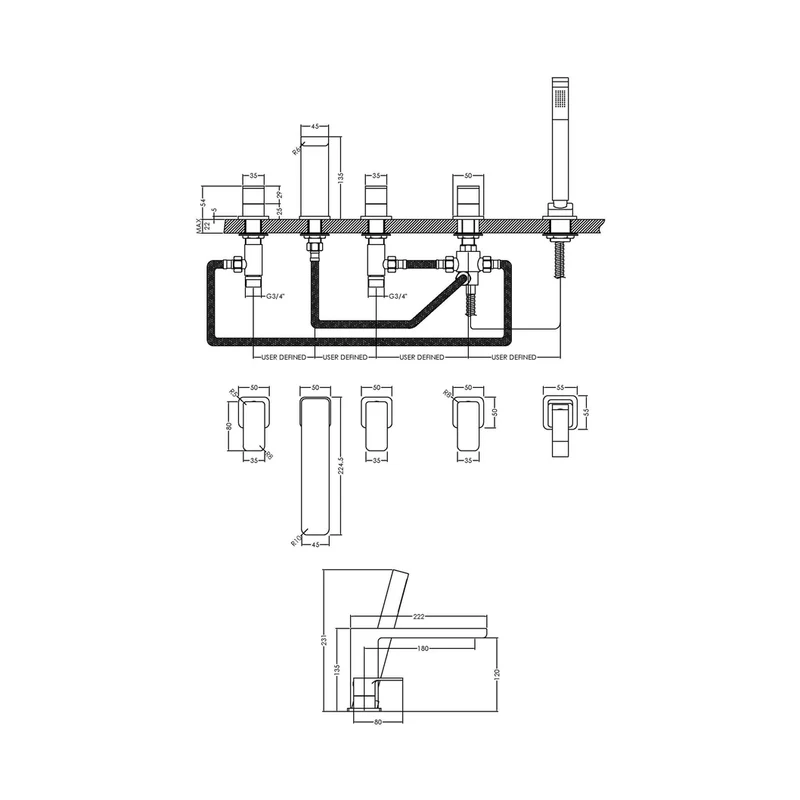 Nuie Windon Deck Mounted 5 Tap Hole Bath Shower Mixer Contemporary Chrome Brass,brass ABS 135x535x222mm