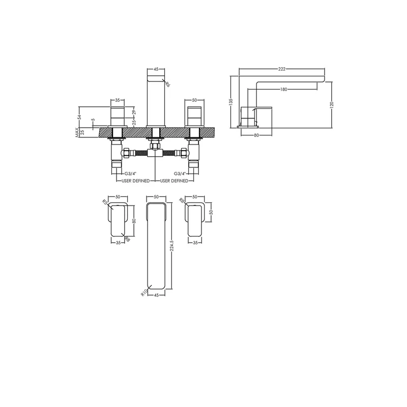 Nuie Windon Deck Mounted 3 Tap Hole Bath Filler Contemporary Chrome Brass 135x250x222mm