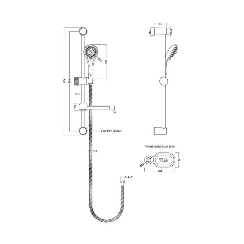 Nuie Slide Rail Kit Contemporary Chrome Brass ABS 595x168x71mm