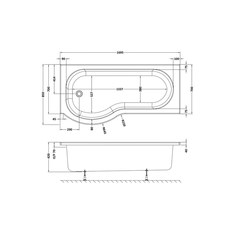 Nuie Shower Baths 1700mm Left Hand P-shaped Bath Contemporary White Acrylic 415x850x415mm