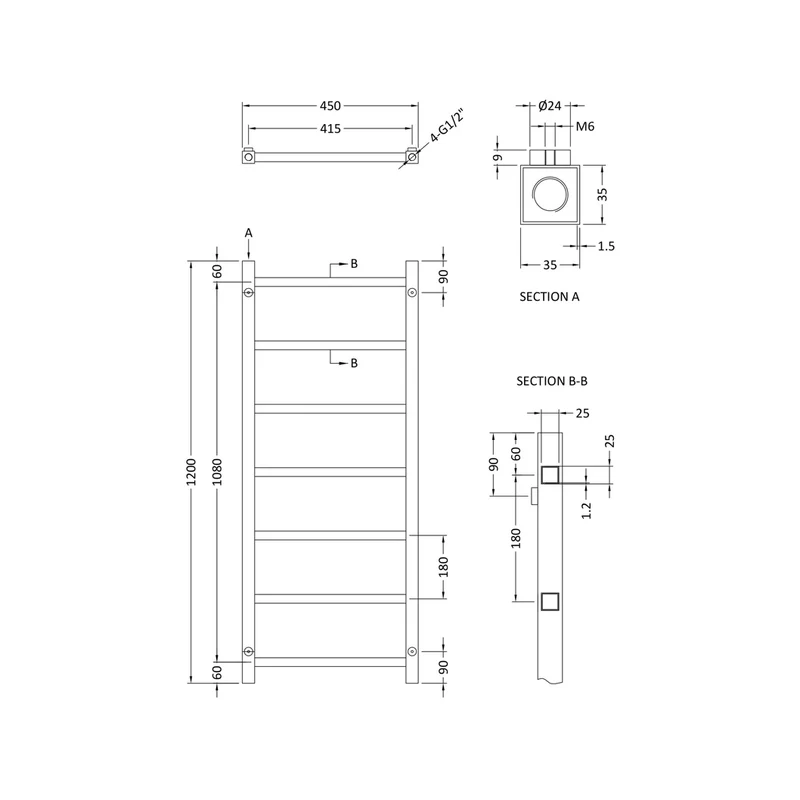 Nuie Eton Heated Towel Rail Contemporary Chrome Steel 1200x450x40mm