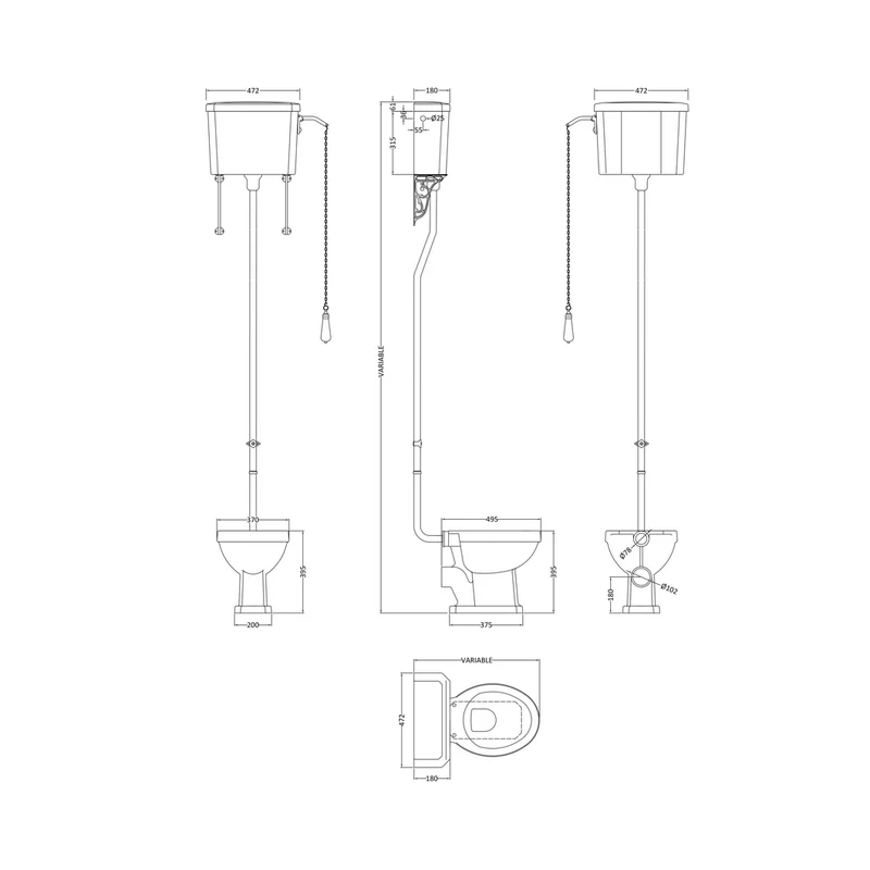 Nuie Carlton High Level Pan, Cistern & Flush Pipe Kit Traditional White Vitreous China 2140x465x625mm