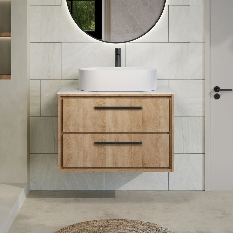 Lille 800mm Wall Hung 2 Drawer Vanity Unit & White Marble Worktop - Bleached Oak Woodgrain