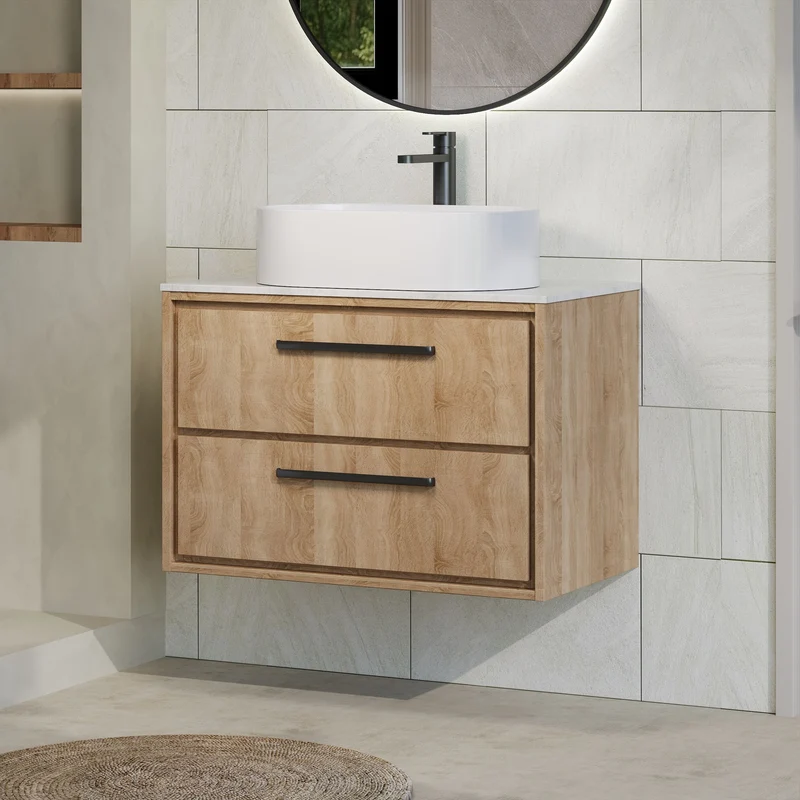 Lille 800mm Wall Hung 2 Drawer Vanity Unit & White Marble Worktop - Bleached Oak Woodgrain
