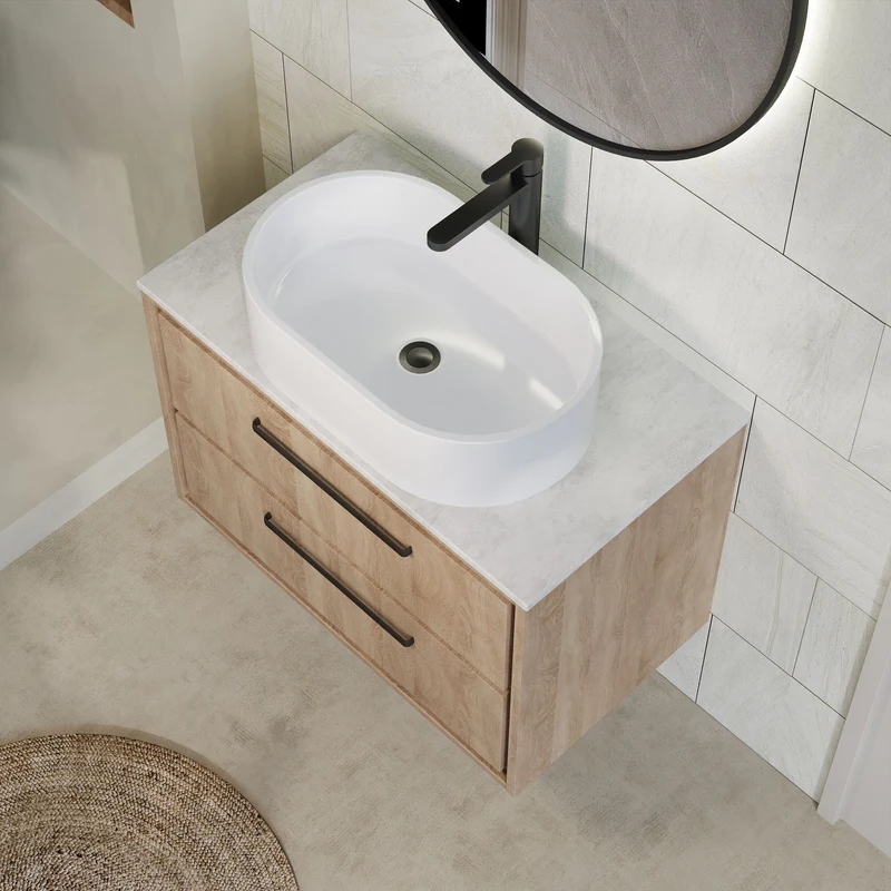 Lille 800mm Wall Hung 2 Drawer Vanity Unit & White Marble Worktop - Bleached Oak Woodgrain