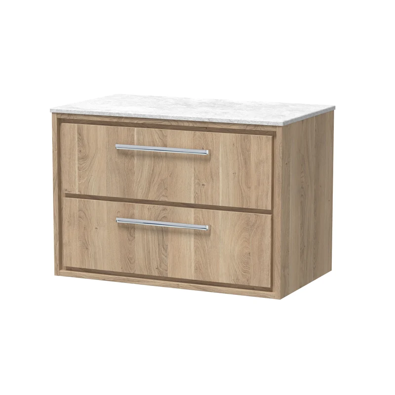 Lille 800mm Wall Hung 2 Drawer Vanity Unit & White Marble Worktop - Bleached Oak Woodgrain