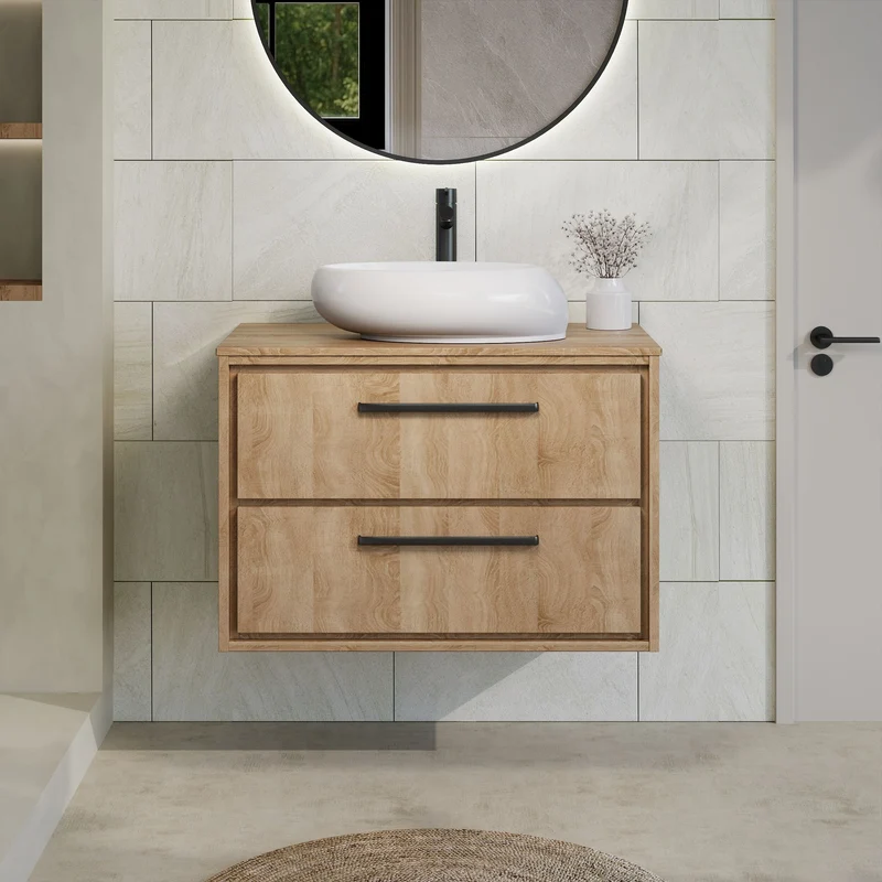 Lille 800mm Wall Hung 2 Drawer Vanity Unit & Worktop - Bleached Oak Woodgrain