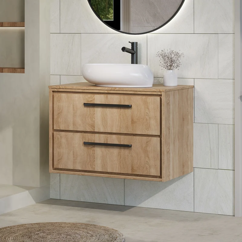 Lille 800mm Wall Hung 2 Drawer Vanity Unit & Worktop - Bleached Oak Woodgrain