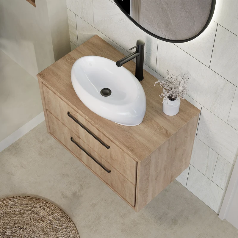 Lille 800mm Wall Hung 2 Drawer Vanity Unit & Worktop - Bleached Oak Woodgrain