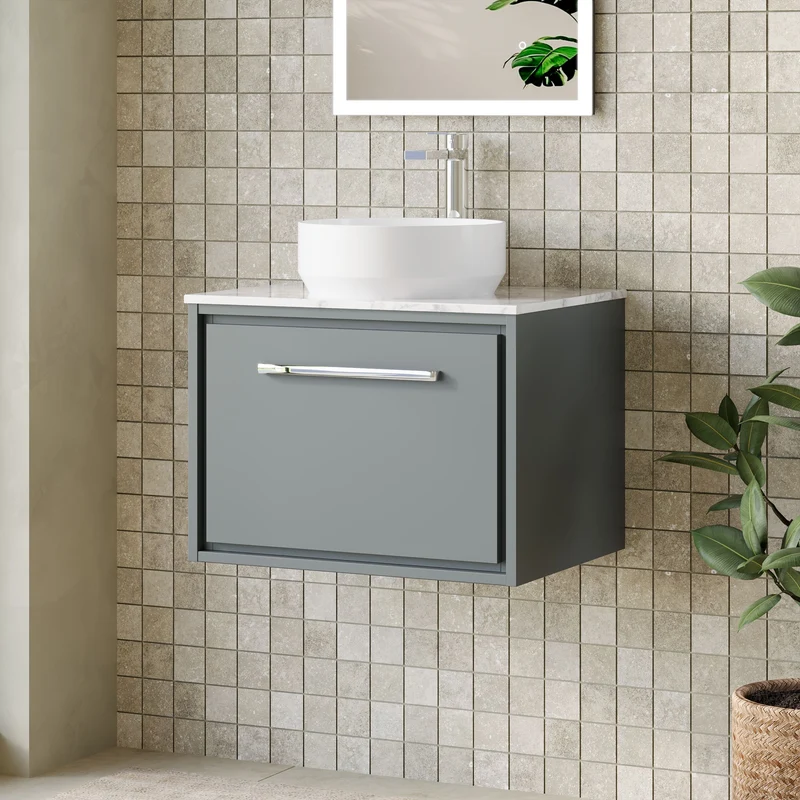 Lille 600mm Wall Hung 1 Drawer Vanity Unit & Carrera Marble Worktop - Coastal Grey Matt