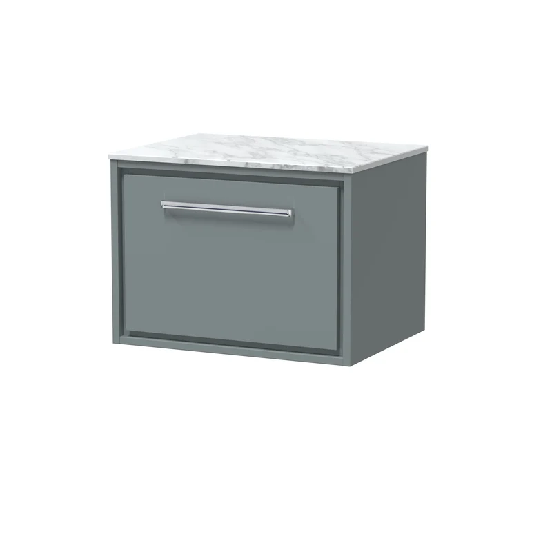 Lille 600mm Wall Hung 1 Drawer Vanity Unit & Carrera Marble Worktop - Coastal Grey Matt