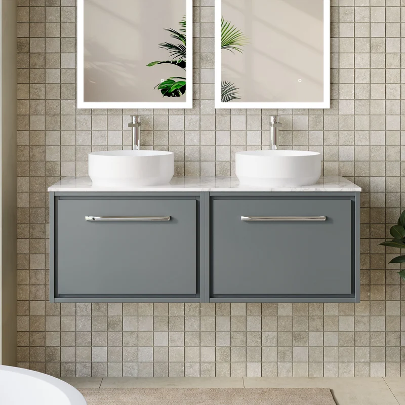 Lille 1200mm Wall Hung 2 Drawer Vanity Unit & Carrera Marble Worktop - Coastal Grey Matt