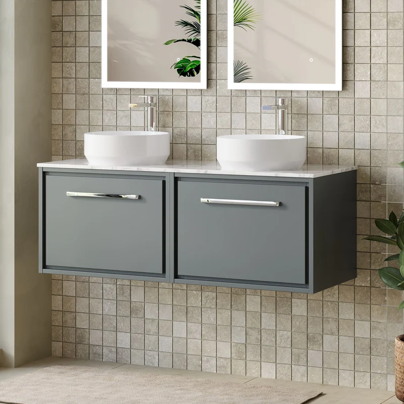 Lille 1200mm Wall Hung 2 Drawer Vanity Unit & Carrera Marble Worktop - Coastal Grey Matt
